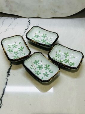 Cute Porcelain Green & Brown Flower Mini Dish Rare Earth Set of Four